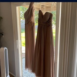 Nude Bridesmaids Dresses. One shoulder dress-Davids Bridal. Strapless-Azazi